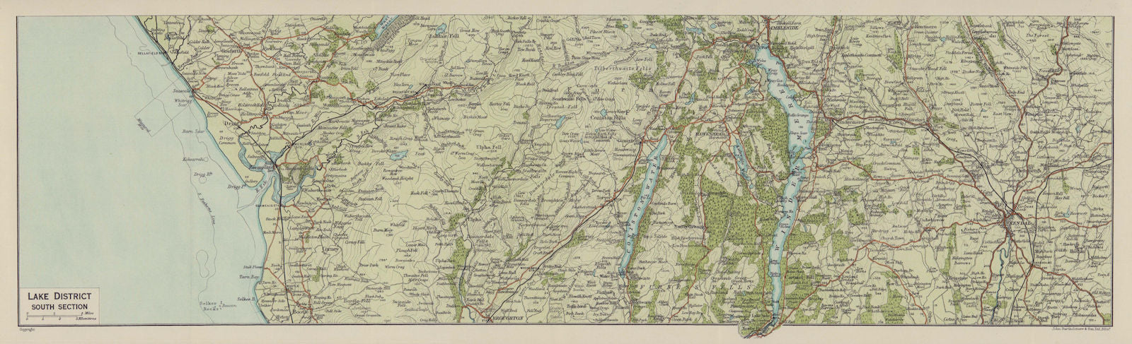 Lake District South. Kendal Windermere Coniston Cumbria 1920 old antique map